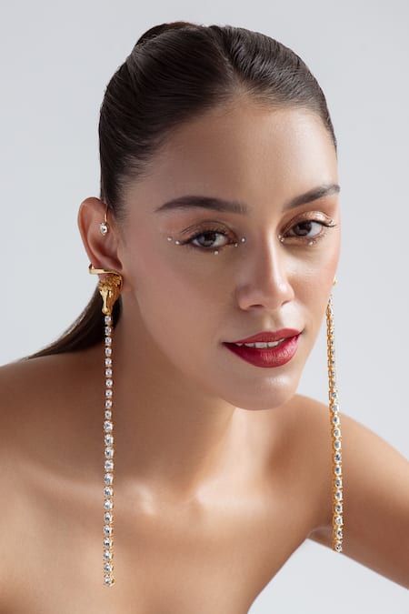 Opalina Soulful Jewellery Gold Plated Carved Work And Swarovski Stone Embellished Ear Cuffs