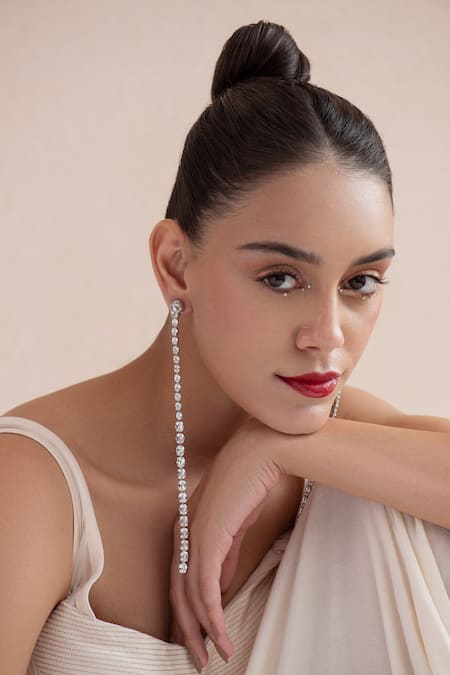 Opalina Soulful Jewellery Silver Plated Crystals Embellished Swarovski Stone Long Dangler Earrings Online at Aza Fashions Opalina Soulful Jewellery_Silver Plated Crystals Embellished Swarovski Stone Long Dangler Earrings _Online_at_Aza_Fashions