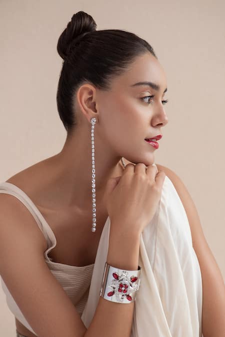 Shop Opalina Soulful Jewellery Silver Plated Crystals Embellished Swarovski Stone Long Dangler Earrings Online at Aza Fashions Shop_Opalina Soulful Jewellery_Silver Plated Crystals Embellished Swarovski Stone Long Dangler Earrings _Online_at_Aza_Fashions