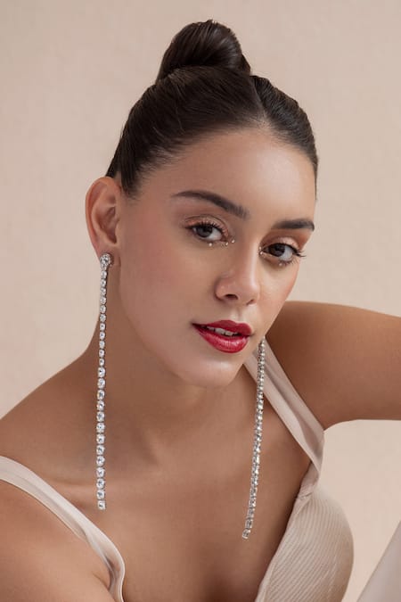 Opalina Soulful Jewellery Silver Plated Crystals Embellished Swarovski Stone Long Dangler Earrings at Aza Fashions Opalina Soulful Jewellery_Silver Plated Crystals Embellished Swarovski Stone Long Dangler Earrings _at_Aza_Fashions