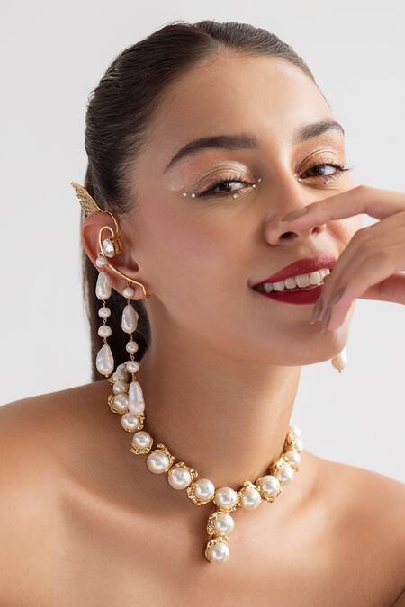 Opalina Soulful Jewellery_White Smocking, Pearls, Crystals Swarovski Stone And Embellished Ear Cuffs _Online_at_Aza_Fashions