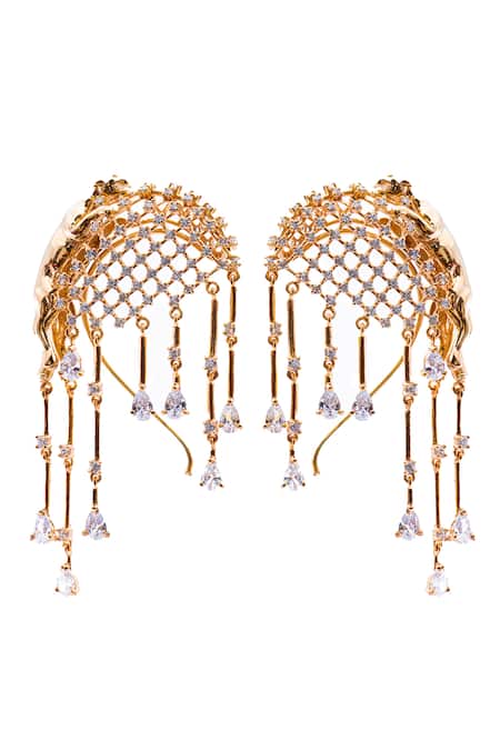 Shop Opalina Soulful Jewellery Gold Plated Stones Jaguar Swarovski Embellished Ear Cuffs at Aza Fashions Shop_Opalina Soulful Jewellery_Gold Plated Stones Jaguar Swarovski Embellished Ear Cuffs _at_Aza_Fashions