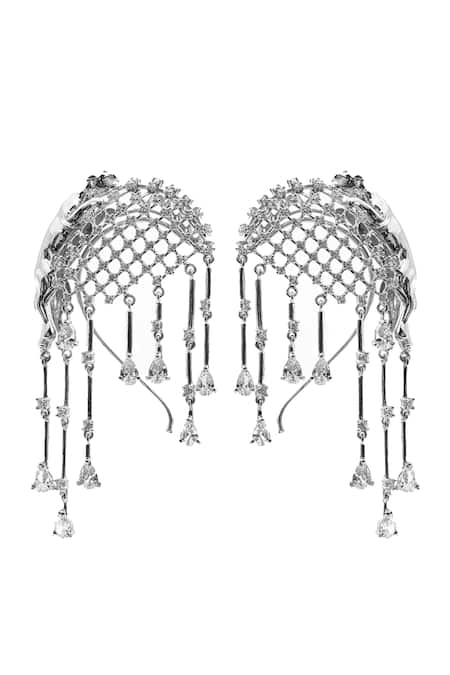 Shop_Opalina Soulful Jewellery_Silver Plated Smocking, Crystals Jaguar Embellished Swarovski Stone Ear Cuffs _at_Aza_Fashions