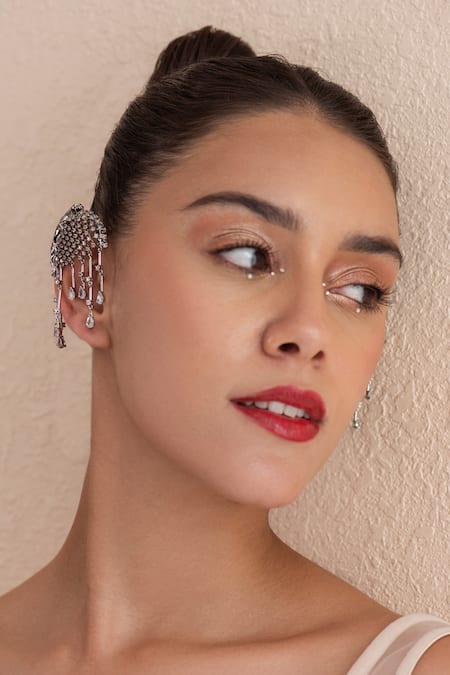 Buy_Opalina Soulful Jewellery_Silver Plated Smocking, Crystals Jaguar Embellished Swarovski Stone Ear Cuffs _Online_at_Aza_Fashions