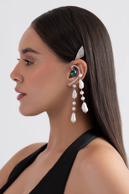 Buy_Opalina Soulful Jewellery_Silver Plated Stones, Pearls And Swarovski Embellished Ear Cuffs _Online_at_Aza_Fashions