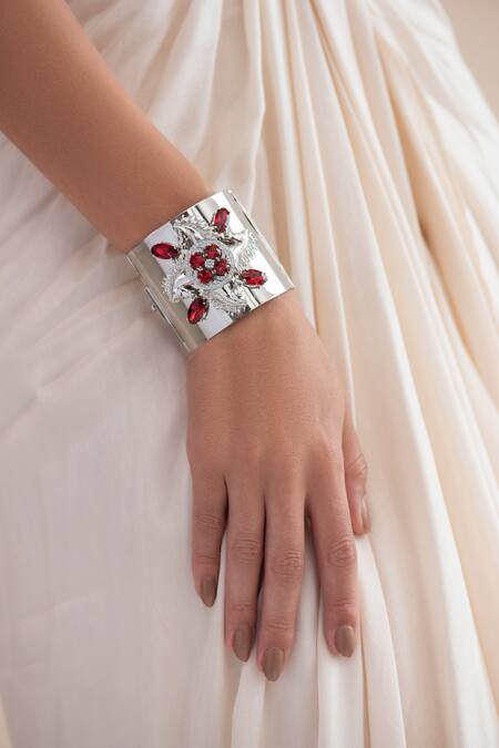Opalina Soulful Jewellery_Silver Plated Smocking, Stones Stallion Swarovski Embellished Cuff _Online_at_Aza_Fashions