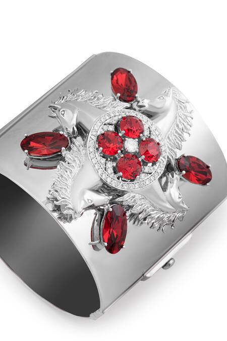 Opalina Soulful Jewellery_Silver Plated Smocking, Stones Stallion Swarovski Embellished Cuff _at_Aza_Fashions