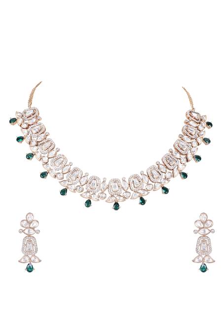 Auraa Trends Green Zari, Diamonds Zircon Embellished Necklace Set Online at Aza Fashions Auraa Trends_Green Zari, Diamonds Zircon Embellished Necklace Set _Online_at_Aza_Fashions