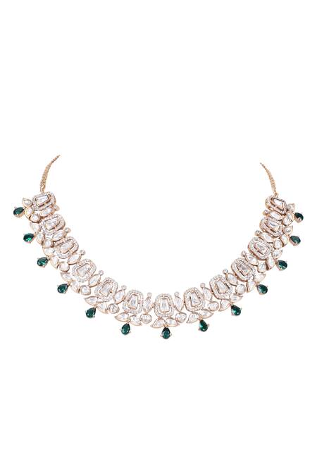 Buy_Auraa Trends_Green Zari, Diamonds Zircon Embellished Necklace Set _Online_at_Aza_Fashions