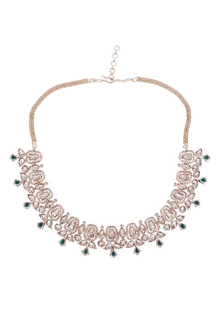 Shop_Auraa Trends_Green Zari, Diamonds Zircon Embellished Necklace Set _Online_at_Aza_Fashions
