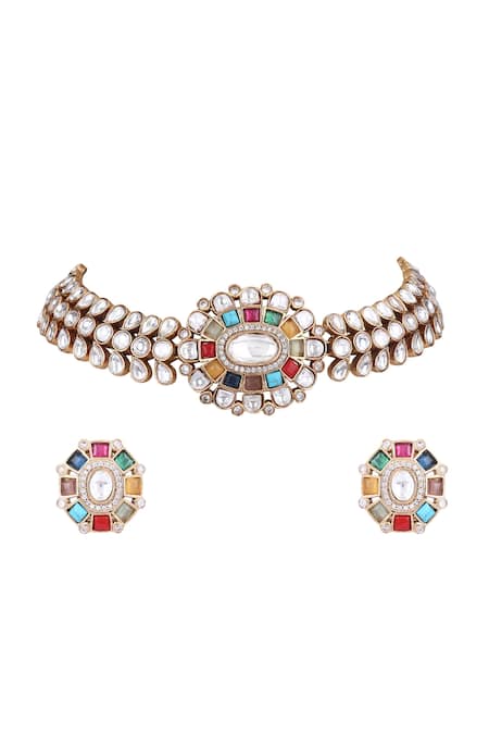 Auraa Trends_Multi Color Stones, Diamonds Kundan Embellished Choker Set _Online_at_Aza_Fashions