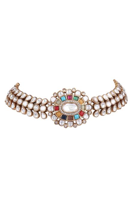 Buy_Auraa Trends_Multi Color Stones, Diamonds Kundan Embellished Choker Set 