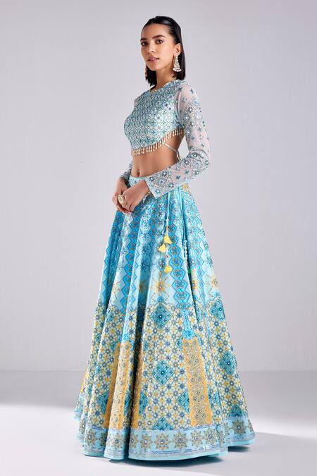 Diyarajvvir_Blue Silk, Tulle Beads, Pearls Round Neck Embroidered Lehenga Set _Online_at_Aza_Fashions