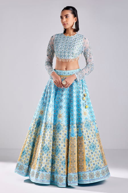 Buy_Diyarajvvir_Blue Silk, Tulle Beads, Pearls Round Neck Embroidered Lehenga Set _Online_at_Aza_Fashions