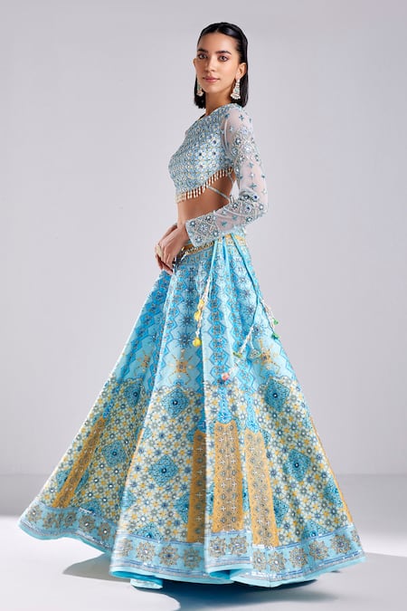 Shop_Diyarajvvir_Blue Silk, Tulle Beads, Pearls Round Neck Embroidered Lehenga Set _Online_at_Aza_Fashions