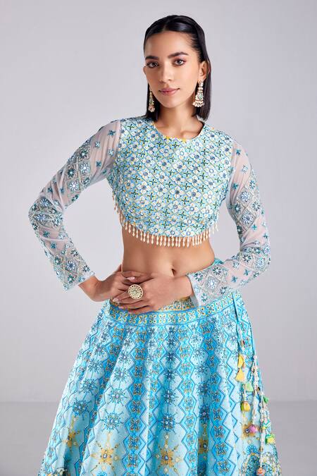 Diyarajvvir_Blue Silk, Tulle Beads, Pearls Round Neck Embroidered Lehenga Set _at_Aza_Fashions