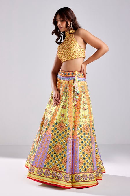 Diyarajvvir_Yellow Silk Mirrors, Beads, Sequins Geometric Print Embellished Lehenga Set _Online_at_Aza_Fashions