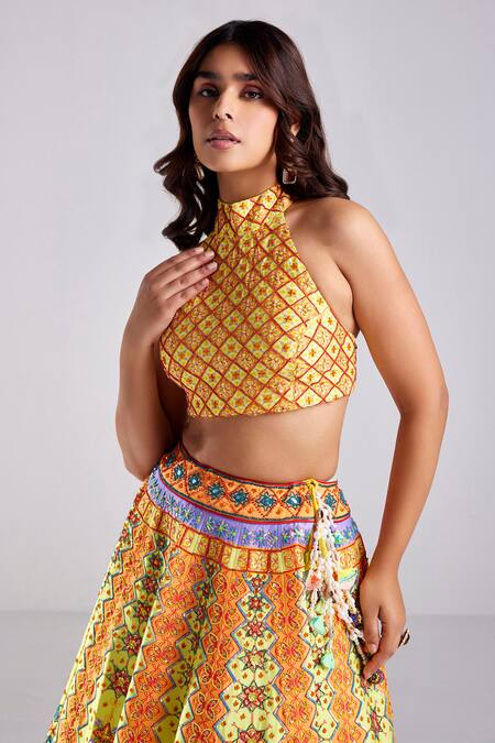 Buy_Diyarajvvir_Yellow Silk Mirrors, Beads, Sequins Geometric Print Embellished Lehenga Set _Online_at_Aza_Fashions