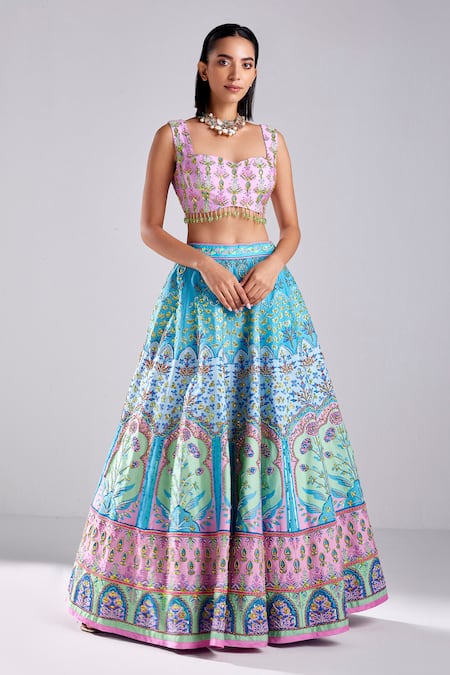 DiyaRajvvir Blue Silk Beads Sweetheart Neck Mughal Floral Print Embellished Lehenga Set 