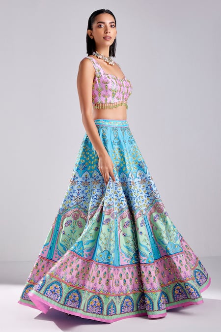 Diyarajvvir_Blue Silk Beads Sweetheart Neck Mughal Floral Print Embellished Lehenga Set _Online_at_Aza_Fashions