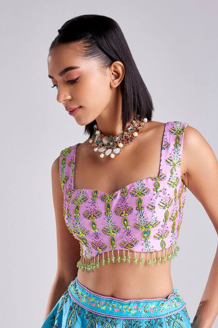 Buy_Diyarajvvir_Blue Silk Beads Sweetheart Neck Mughal Floral Print Embellished Lehenga Set _Online_at_Aza_Fashions