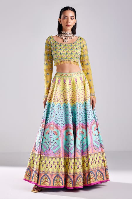 Diyarajvvir Yellow Silk, Satin, Tulle Beads, Sequins Mughal Print Embellished Lehenga Set 