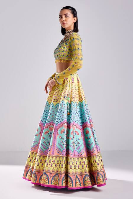 Diyarajvvir_Yellow Silk, Satin, Tulle Beads, Sequins Mughal Print Embellished Lehenga Set _Online_at_Aza_Fashions