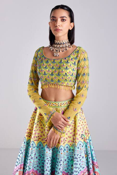 Buy_Diyarajvvir_Yellow Silk, Satin, Tulle Beads, Sequins Mughal Print Embellished Lehenga Set _Online_at_Aza_Fashions