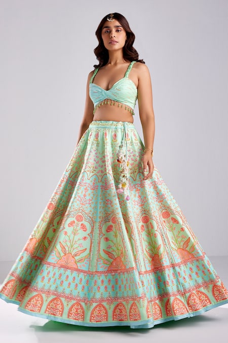 Diyarajvvir Green Silk, Modal Beads, Sequins Floral Print Embellished Lehenga Set