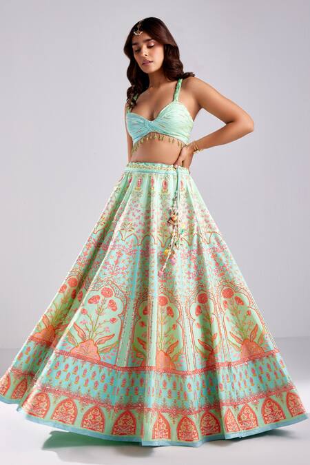 Diyarajvvir_Green Silk, Modal Beads, Sequins Floral Print Embellished Lehenga Set _Online_at_Aza_Fashions