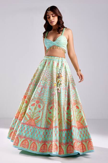 Buy_Diyarajvvir_Green Silk, Modal Beads, Sequins Floral Print Embellished Lehenga Set _Online_at_Aza_Fashions