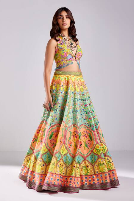 Diyarajvvir_Green Silk, Crepe Beads, Sequins Halter Neck Lotus Print Embellished Lehenga Set _Online_at_Aza_Fashions