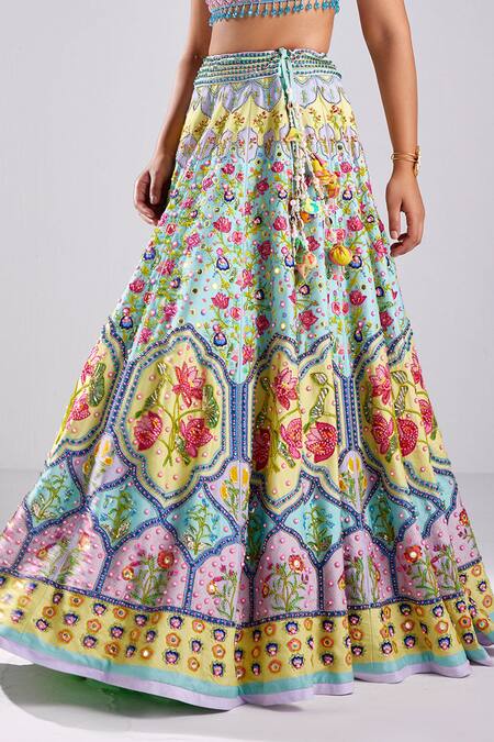 Diyarajvvir_Blue Tulle, Silk Beads, Sequins Lotus Blossom Print Embellished Lehenga Set _Online_at_Aza_Fashions