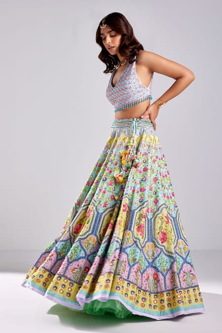 Buy_Diyarajvvir_Blue Tulle, Silk Beads, Sequins Lotus Blossom Print Embellished Lehenga Set _Online_at_Aza_Fashions