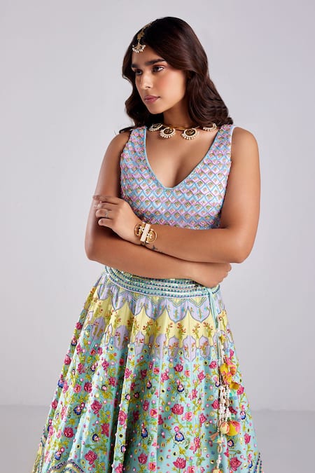 Shop_Diyarajvvir_Blue Tulle, Silk Beads, Sequins Lotus Blossom Print Embellished Lehenga Set _Online_at_Aza_Fashions