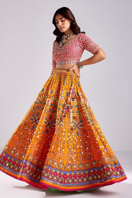 Diyarajvvir_Orange Silk, Satin, Tulle Floral Geometric Print Embellished Lehenga Set _Online_at_Aza_Fashions