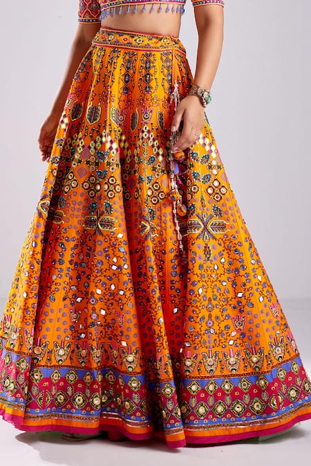 Buy_Diyarajvvir_Orange Silk, Satin, Tulle Floral Geometric Print Embellished Lehenga Set _Online_at_Aza_Fashions