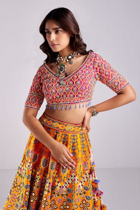 Shop_Diyarajvvir_Orange Silk, Satin, Tulle Floral Geometric Print Embellished Lehenga Set _Online_at_Aza_Fashions