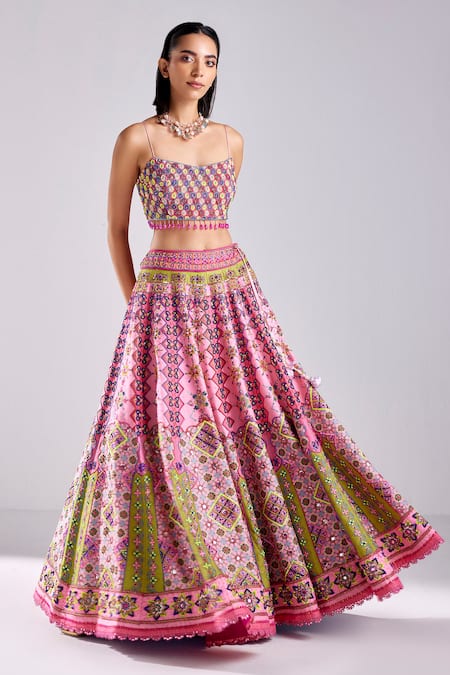 Buy Pink Cotton Silk Embroidered Sequin U-neck Geometric Print Lehenga ...