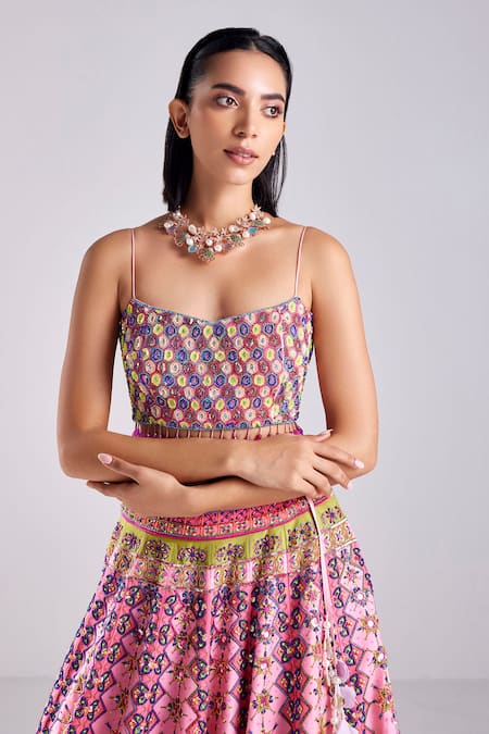 Buy_Diyarajvvir_Pink Cotton, Silk Beads, Sequins Round Neck Geometric Print Lehenga Set _Online_at_Aza_Fashions