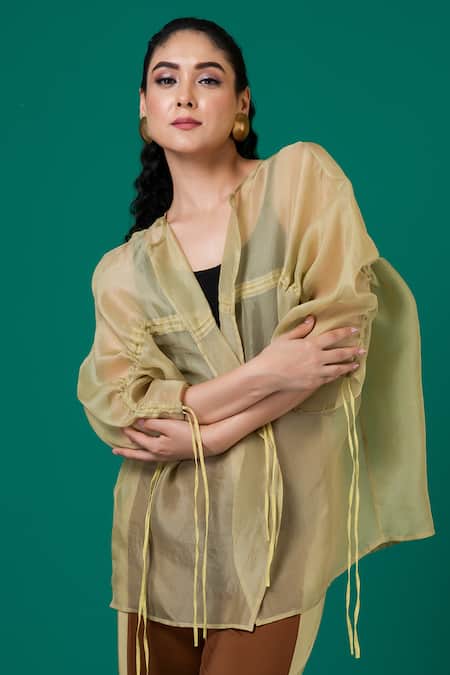 Megha Garg_Green Organza, Modal, Satin Embroidery Open Neck, Round Hand Jacket Pant Set _Online_at_Aza_Fashions