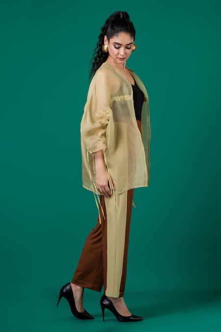 Shop_Megha Garg_Green Organza, Modal, Satin Embroidery Open Neck, Round Hand Jacket Pant Set _Online_at_Aza_Fashions