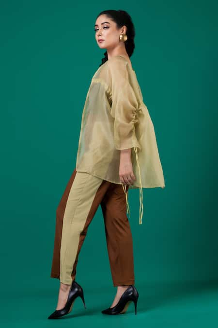 Megha Garg_Green Organza, Modal, Satin Embroidery Open Neck, Round Hand Jacket Pant Set _at_Aza_Fashions