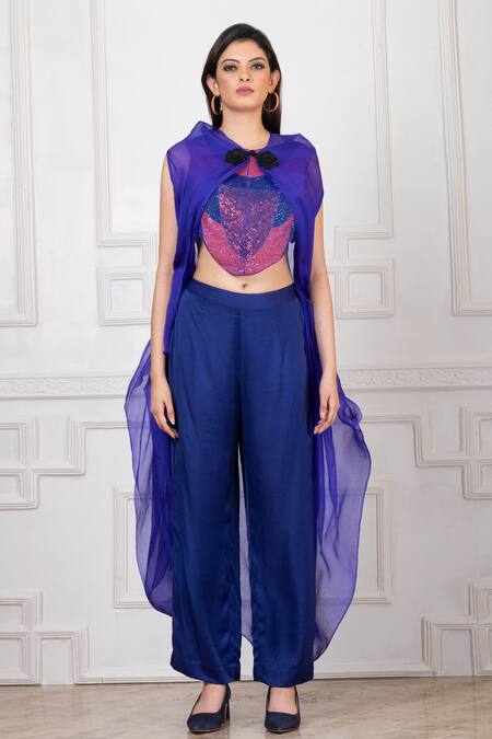 Buy_Megha Garg_Blue Organza Hand Embroidered Sequins Round Sleeveless Cape Pant Set _Online_at_Aza_Fashions