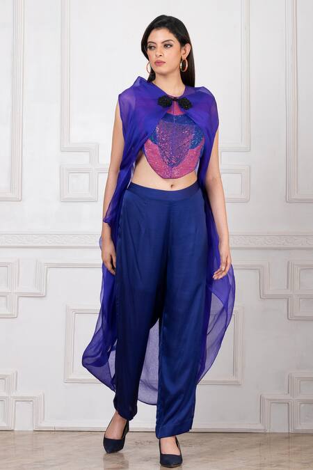 Shop_Megha Garg_Blue Organza Hand Embroidered Sequins Round Sleeveless Cape Pant Set _Online_at_Aza_Fashions