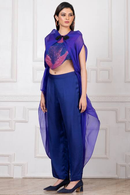 Megha Garg_Blue Organza Hand Embroidered Sequins Round Sleeveless Cape Pant Set _at_Aza_Fashions