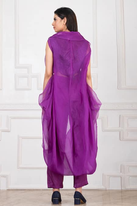 Shop_Megha Garg_Purple Organza Hand Embroidered Sequins Round Neck Cape Pant Set _at_Aza_Fashions
