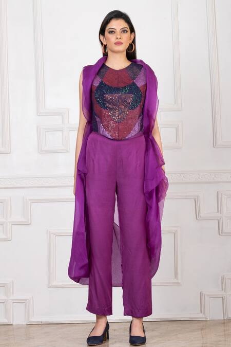 Megha Garg_Purple Organza Hand Embroidered Sequins Round Neck Cape Pant Set _Online_at_Aza_Fashions