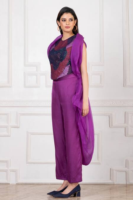 Buy_Megha Garg_Purple Organza Hand Embroidered Sequins Round Neck Cape Pant Set _Online_at_Aza_Fashions