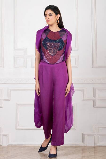 Shop_Megha Garg_Purple Organza Hand Embroidered Sequins Round Neck Cape Pant Set _Online_at_Aza_Fashions